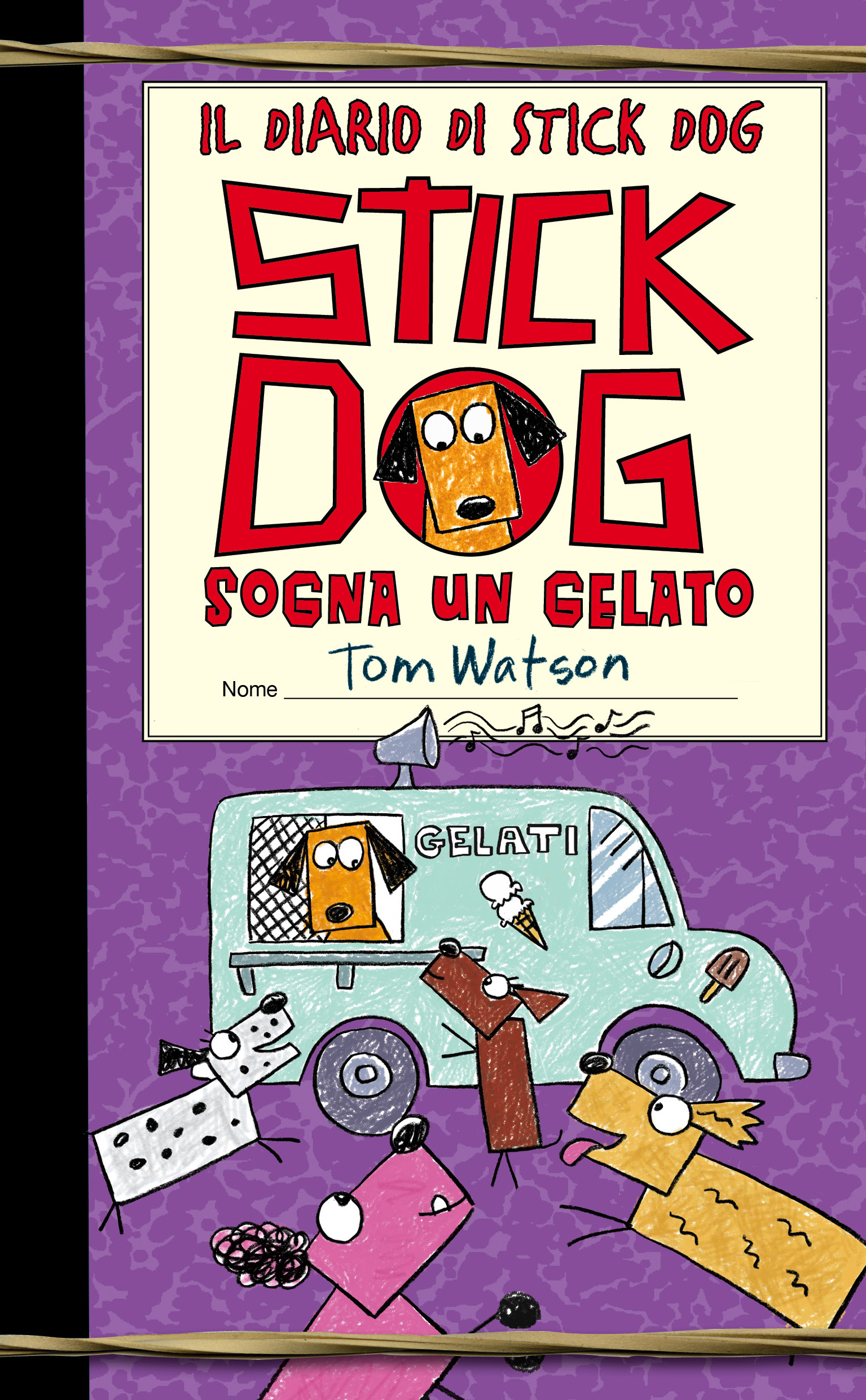 Copertina di Il Diario di Stick Dog: Sogna un Gelato di Tom Watson. Questa scena stravagante presenta cani dei cartoni animati che circondano con entusiasmo un camioncino dei gelati su uno sfondo viola vibrante, catturando lessenza giocosa dei sogni di gelato di Stick Dog.