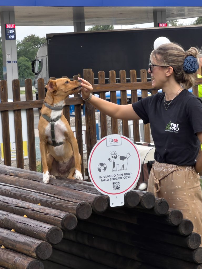 Donna accarezza cane marrone su tronchi vicino a stazione di servizio con insegna per cani.