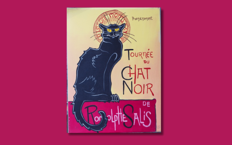 Poster di gatto nero, occhi gialli, testo francese, grassetto rosso/giallo.