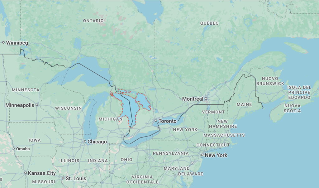 Mappa degli Stati Uniti nordorientali e del Canada orientale con confini, città e Grandi Laghi.