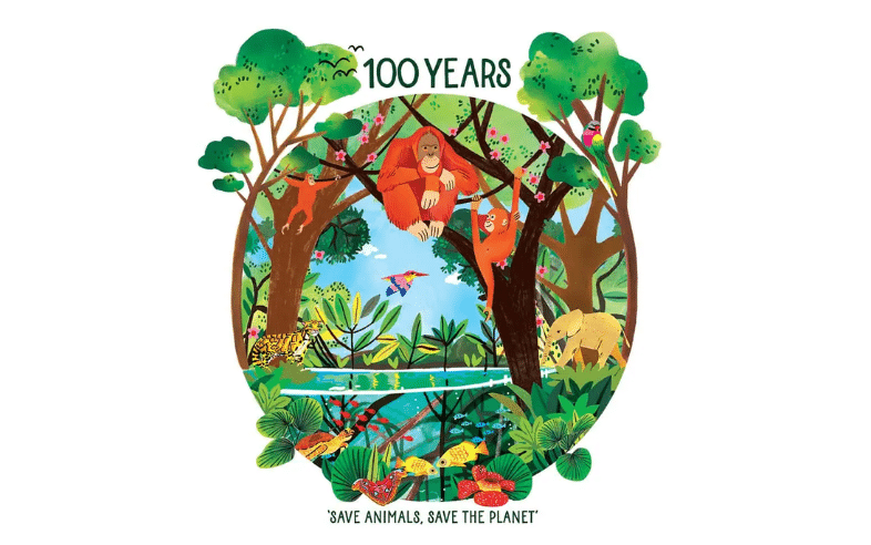 Giungla con oranghi, giaguaro, uccelli; slogan 100 ANNI, salva gli animali.