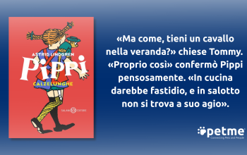 Copertina del libro Pippi Calzelunghe, rosso, citazione italiana, logo petme.