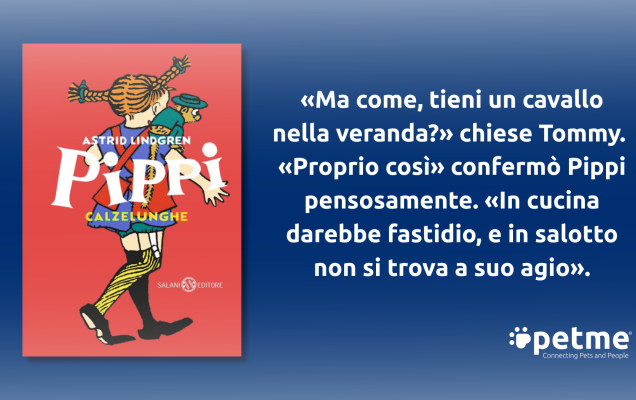 Copertina del libro Pippi Calzelunghe, rosso, citazione italiana, logo petme.