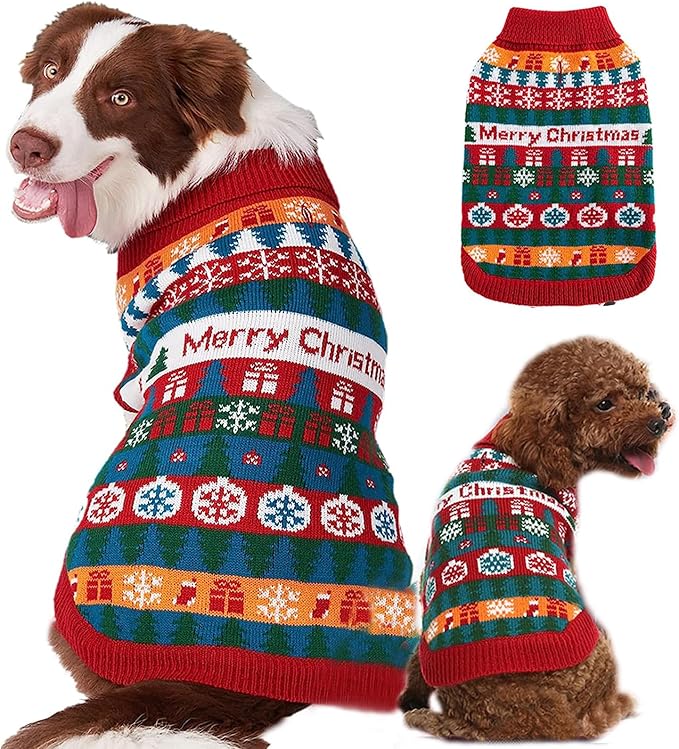 Due cani con maglioni festosi; il maglione di Natale è mostrato piatto.