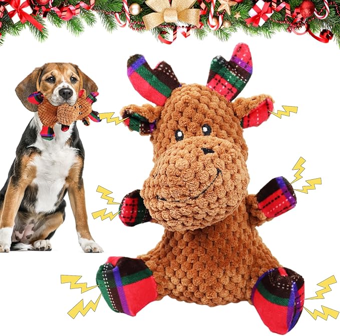 Festoso peluche di renna per cani, colorato e cigolante, perfetto regalo di Natale per il vostro cucciolo.