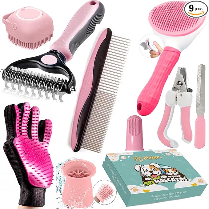 Kit di toelettatura per cani da 9 pezzi rosa/nero: spazzole, pettine, tosatrice, scatola.