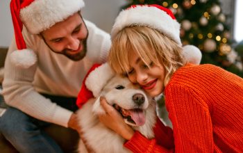 Una coppia con cappelli da Babbo Natale coccola un cane di peluche vicino all'albero di Natale.