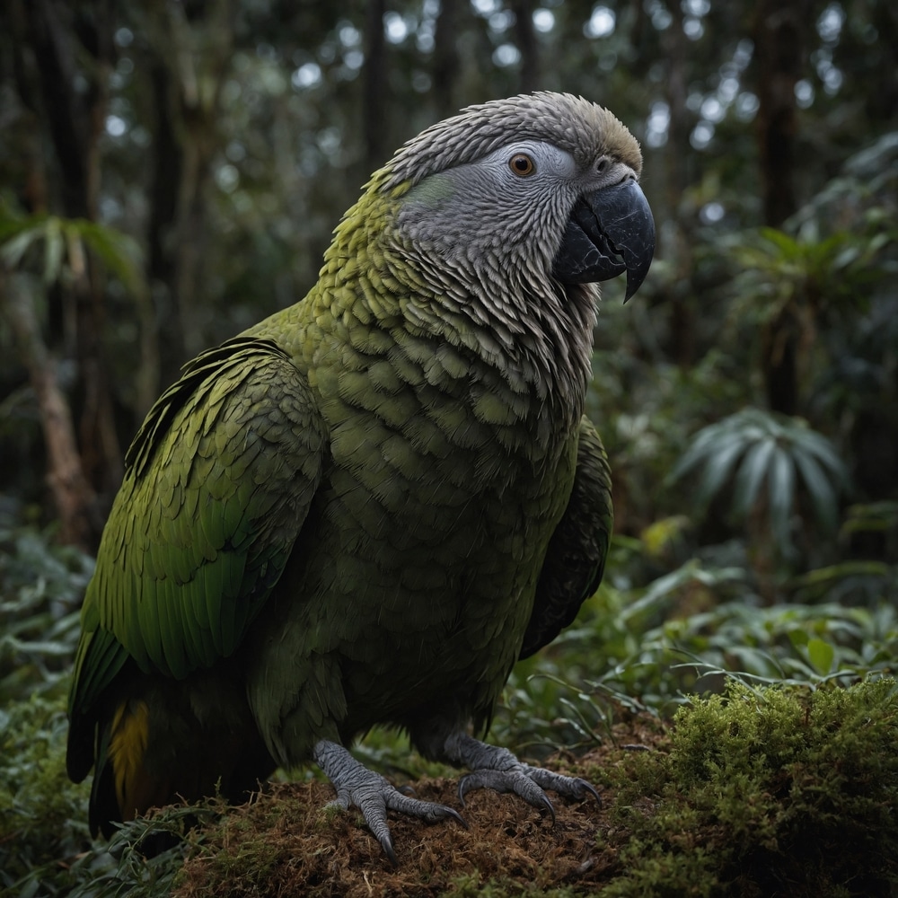 Pappagallo verde con testa grigia su muschio in una foresta tropicale.