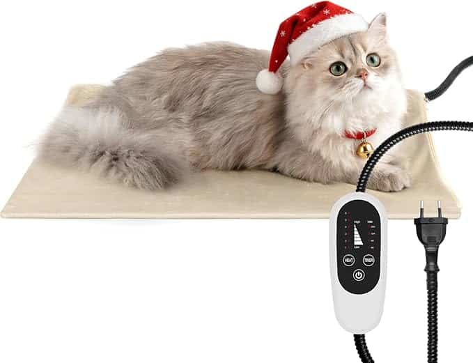 Morbido gatto con cappello da Babbo Natale su tappetino beige con telecomando e spina di alimentazione.