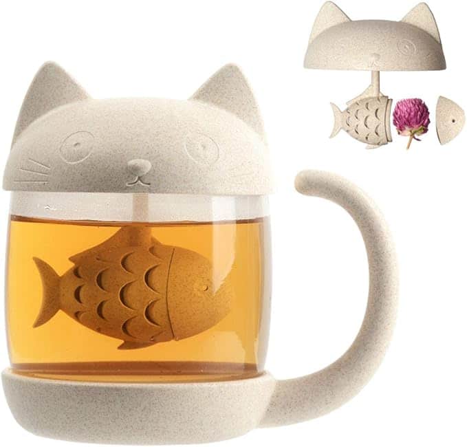 Tazza beige per gatti, coperchio a forma di orecchie di gatto, infusore per tè a forma di pesce, tè sfuso indicato.