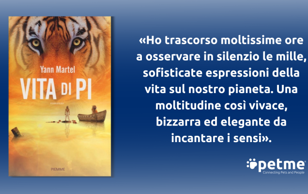 Copertina di Vita di Pi: volto di tigre, barca con uomo e tigre, citazione italiana.