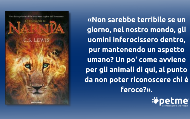 Copertina di Narnia a sinistra; citazione italiana in blu a destra; logo petme in basso.
